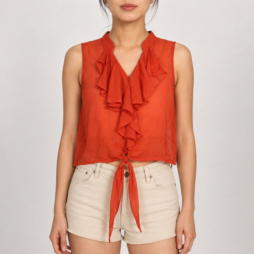Mine Sheer Ruffle Tie Front Blouse Coral Sleeveless Y2K Small
